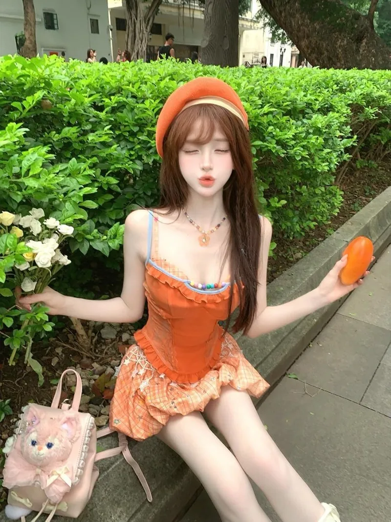 Summer New Orange Dopamine Sweet Spicy Girl Lace Camisole Top+Bud Skirt Two Piece Sets Womens Outifits Kawaii Sweet Girl Clothes view 3