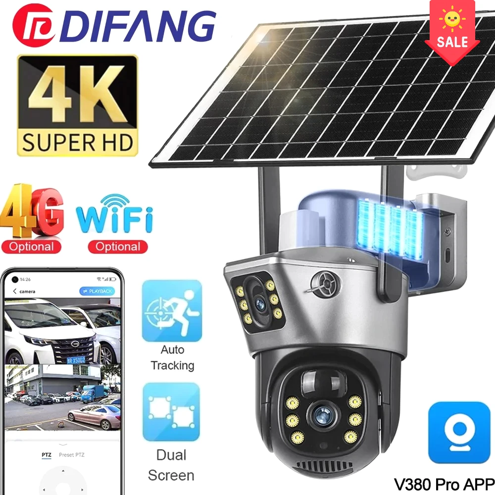 

4K 8MP V380 WiFi Solar Camera Dual Screen Auto Tracking PTZ Battery 4G Sim Card Wireless Solar Cam CCTV Security Protection