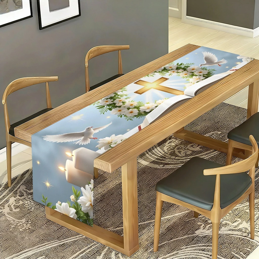 White Dove Flying Over Bible Print Table Runner, 1-Piece, Universal Table Runner for Parties & Holidays