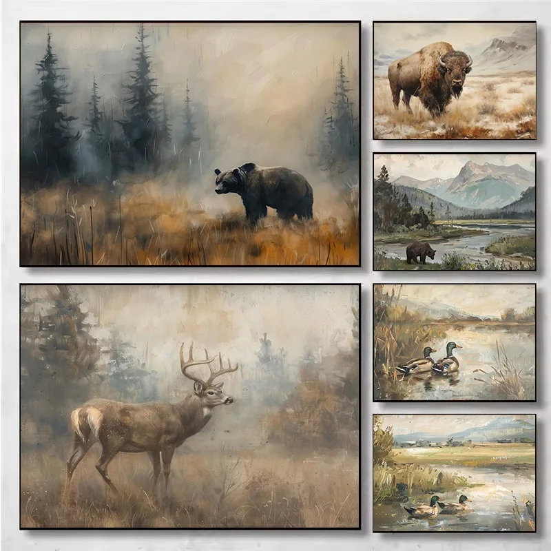 Grizzly in Misty Pine Tree Forest Mallard Duck Brown Bear Wild Animals Landscape Poster Canvas Painting Wall Pictures Home Decor