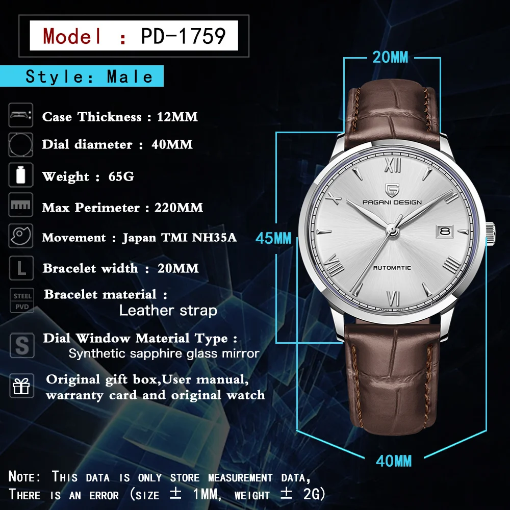 PAGNIDE Design New NH35A Men Automatic Mechanical Watches 40MM Minimalist Sapphire Dive AR Business reloj hombre PD1759