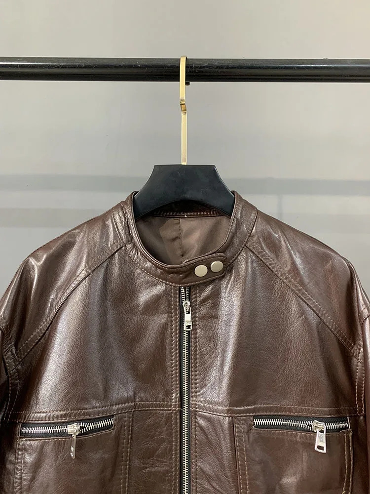 เสื้อแจ็คเก็ตหนังวัวแท้ทรงหลวมสไตล์วินเทจสำหรับผู้หญิง  แบบมีซิป  หนังเคลือบน้ำมัน  คอตั้ง  มีกระเป๋า  ดีไซน์หรูหรา  สไตล์ลำลอง