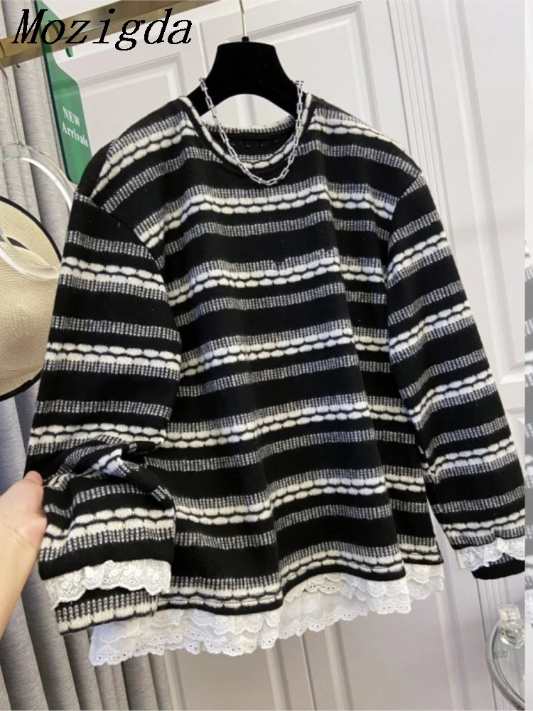 

Spring Autumn Striped Knitted Sweater Women Elegant Vintage Lazy Oaf Versatile Loose Pullover Round Neck Ladies Tops