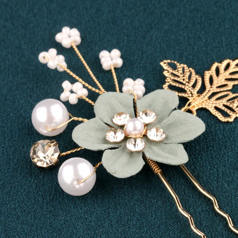 3-Pack Vintage Green Flower Hairpins with Pearls & Rhinestones – Elegant Wedding & Hanfu Hair Accessories image 6