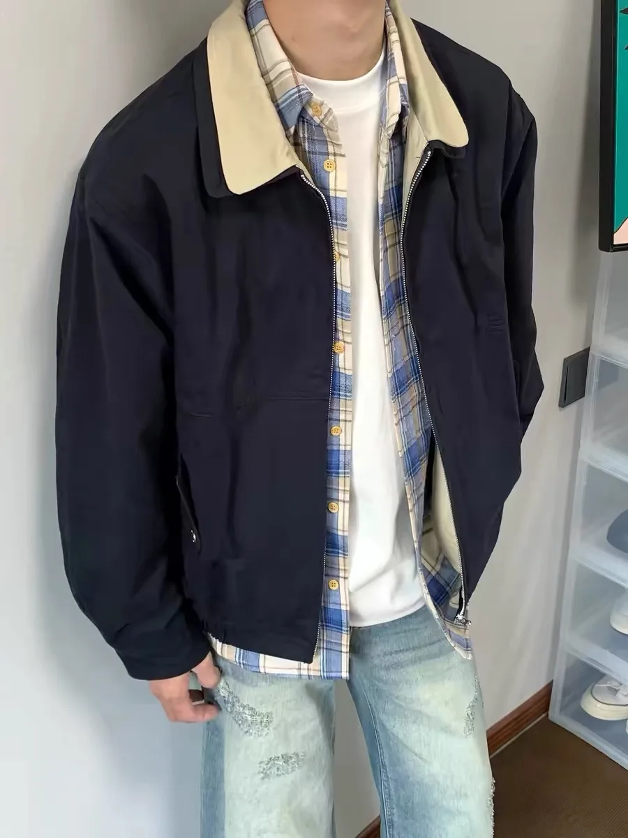 

American Retro Workwear Jaet Men's Loose Double Collar Contrast Color Casual Versatile Outerwear for Autumn And Winter