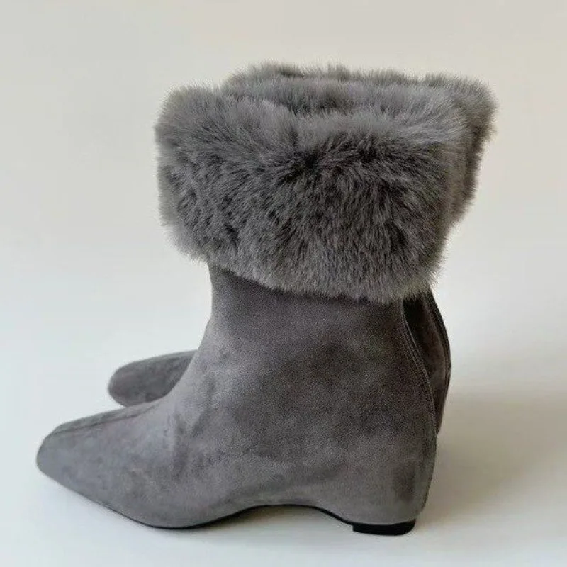 Women Suede Sheepskin Wedge Ankle Boots 2.5CM Real Rabbit Fur Two‑Way Wear Winter Warm Short Boots Black Brown Footwear - view 5