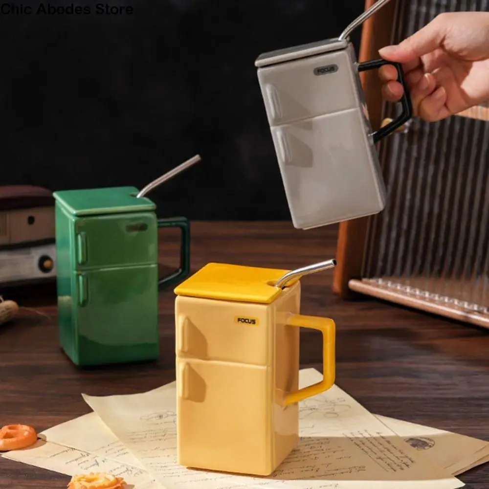 

Tableware Creative Refrigerator Shape Water Cup Square with Stainless Straw Ceramic Cup Retro Funny Coffee Mugs Couples Gift