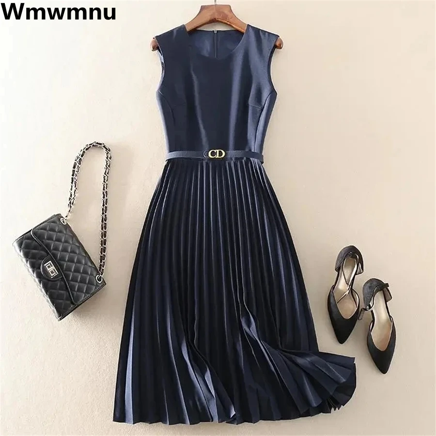 Office Lady Sleeveless Pleated Dress Women Spring Summer Elegant Midi Tank Vestido Korean Slim Belt Thin Chiffon New Dresses