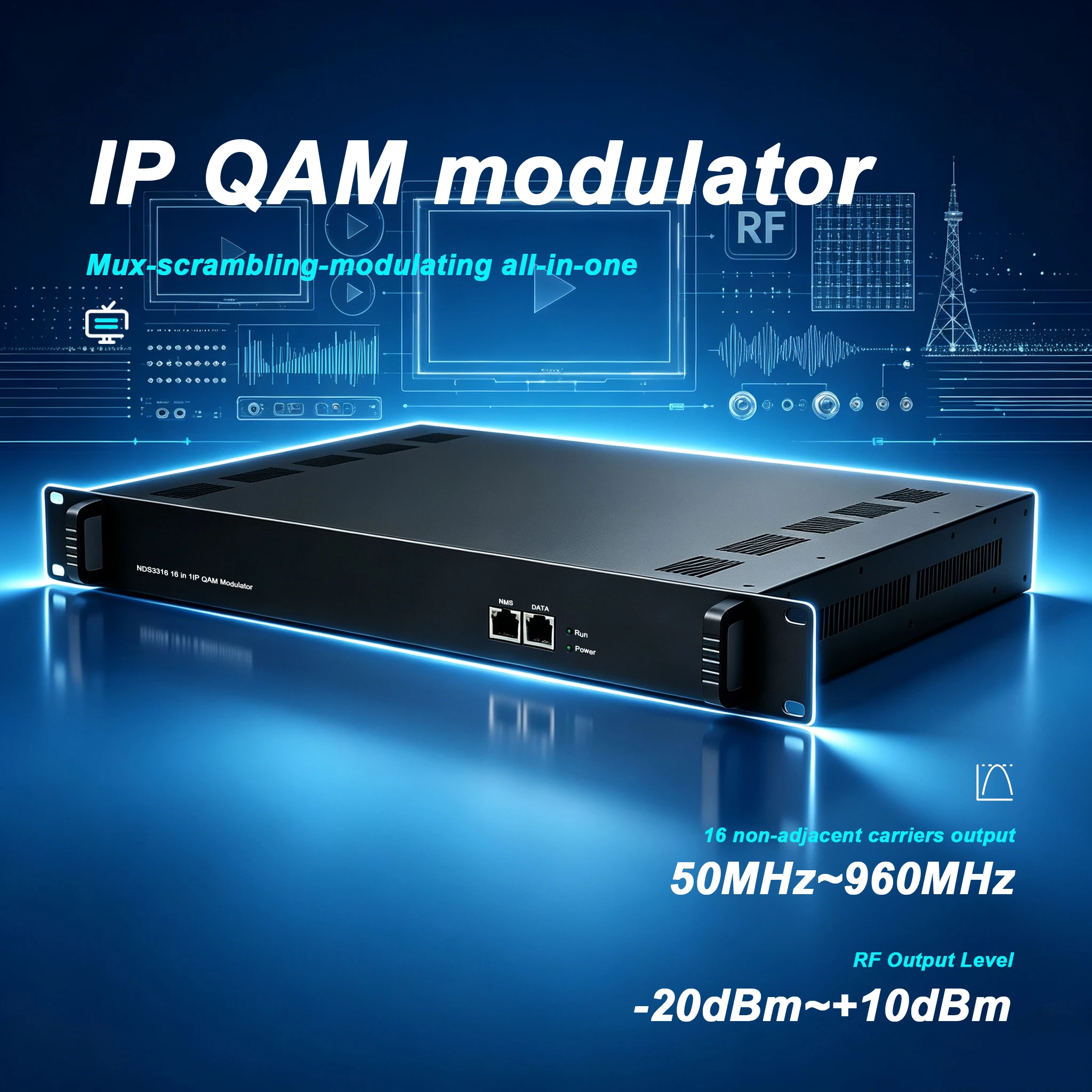 Multi‑Channel IP QAM Modulator,Max 512 IP Input,16 DVB‑C Non‑Adjacent RF Carrier Out,Web Management for CATV Broadcasting System