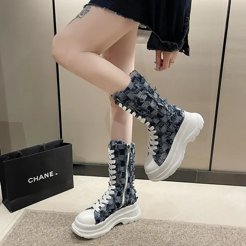 Hot Canvas Chunky Platform Ankle Boots Women Zipper Thick Sole Motorcycle Boots Woman Height Increasing Punk Mid-Calf Botas