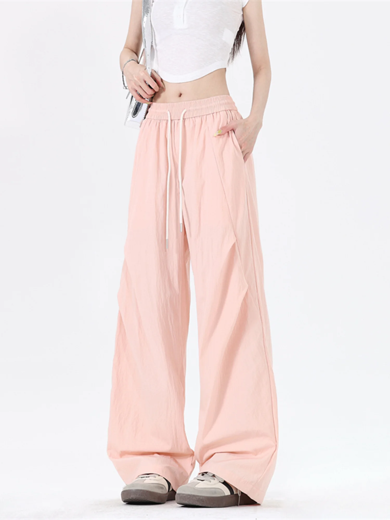 

Pink Qui-Dry Paratrooper Pants Men Summer Thin Ice Silk Pants Pleated Design CleanFit Wide Leg Long Trousers Faionable Ca...