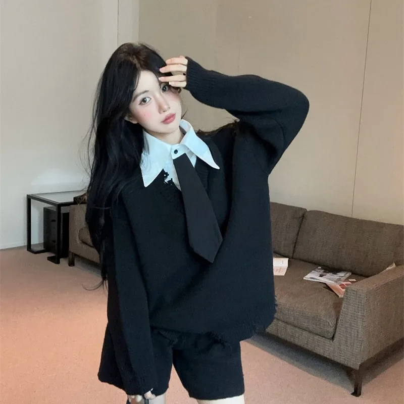 

Шикарный корейский женский модный комплект, свободный утягивающий вязаный топ с брюками, осень-зима, Новое поступление, повседневный комплект для поездок на работу