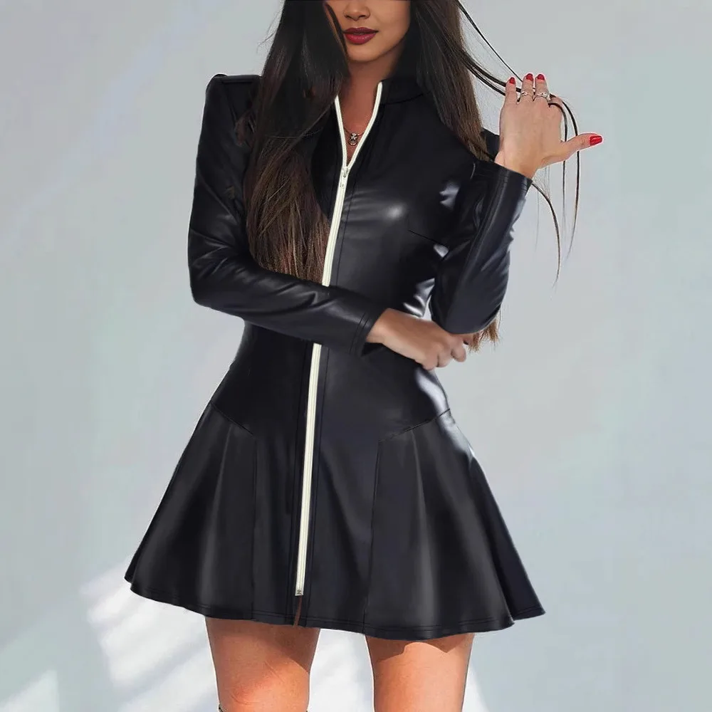 

Womens Leather Zipper Dress Faux Leather Pleated Mini Skirt Long Sleeve Bodycon Pleated Party Dress Fashion 2024