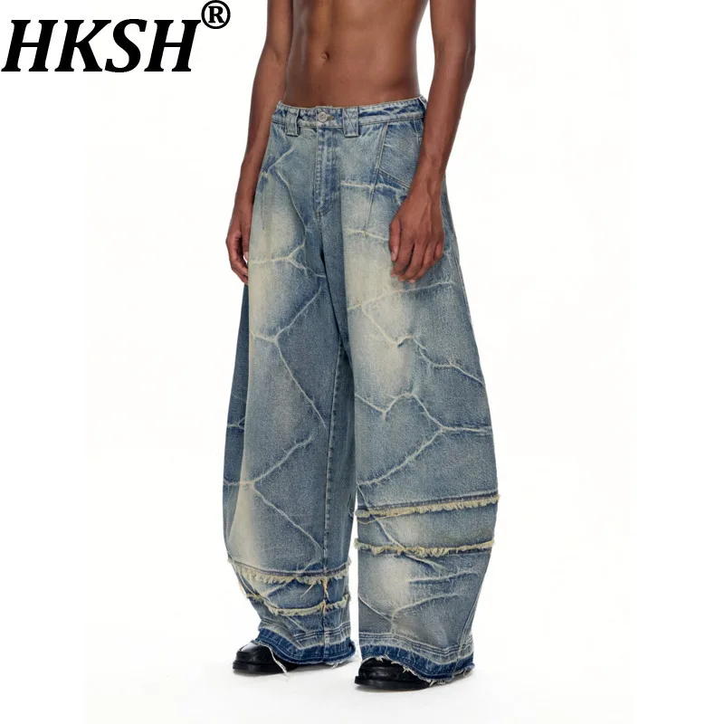 

HKSH Осенние новые мужские джинсы с текстурой в стиле панк, потертые потертые широкие джинсы, потертые джинсовые брюки свободной формы в стиле ретро, модные шикарные HK11770