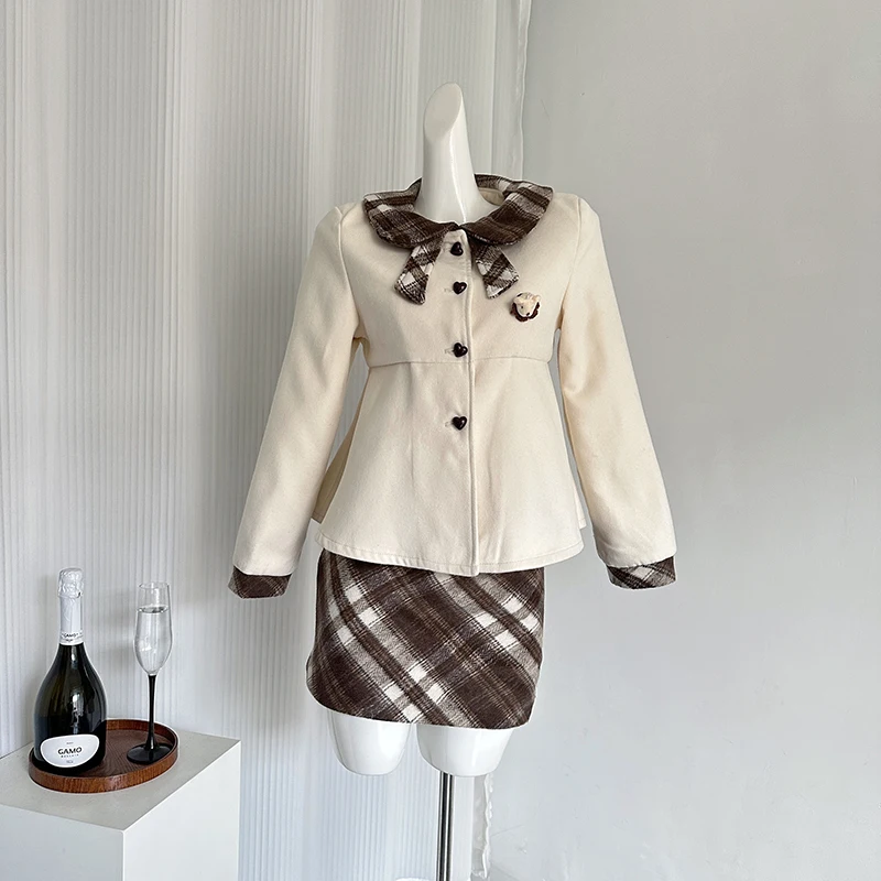 LUZHEN Elegant Checked Patchwork Neck Design Long Sleeve Jacket 2024 Autumn Fashion High Quality Elegant Mini Skirt Sets AA2203