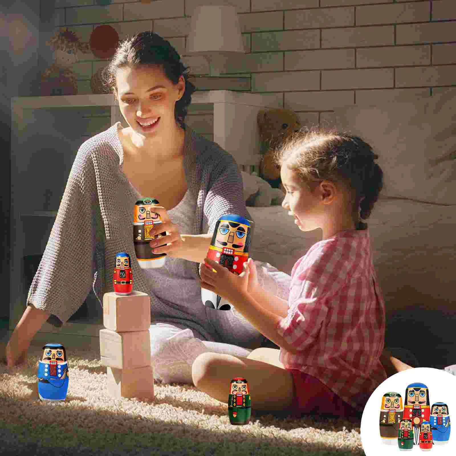 

5 Layer Wooden Matryoshka Nutcracker Stacking Toy Hand Painted Bright Color Design Great Gift Kids Family Home Decor Craft