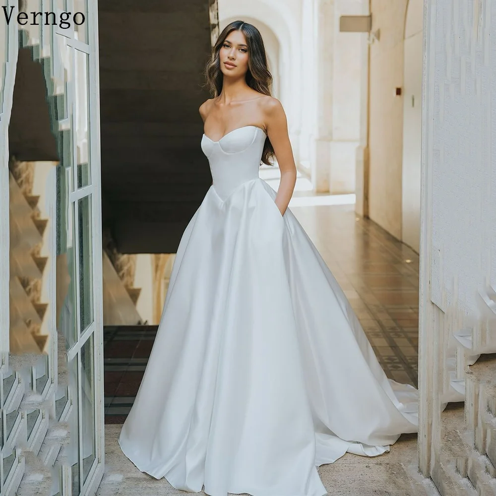 

Verngo lvory Satin A Line Wedding Dresses Sweetheart Zipper Formal Bridal Gowns Sweap Train Formal Bride Dresses