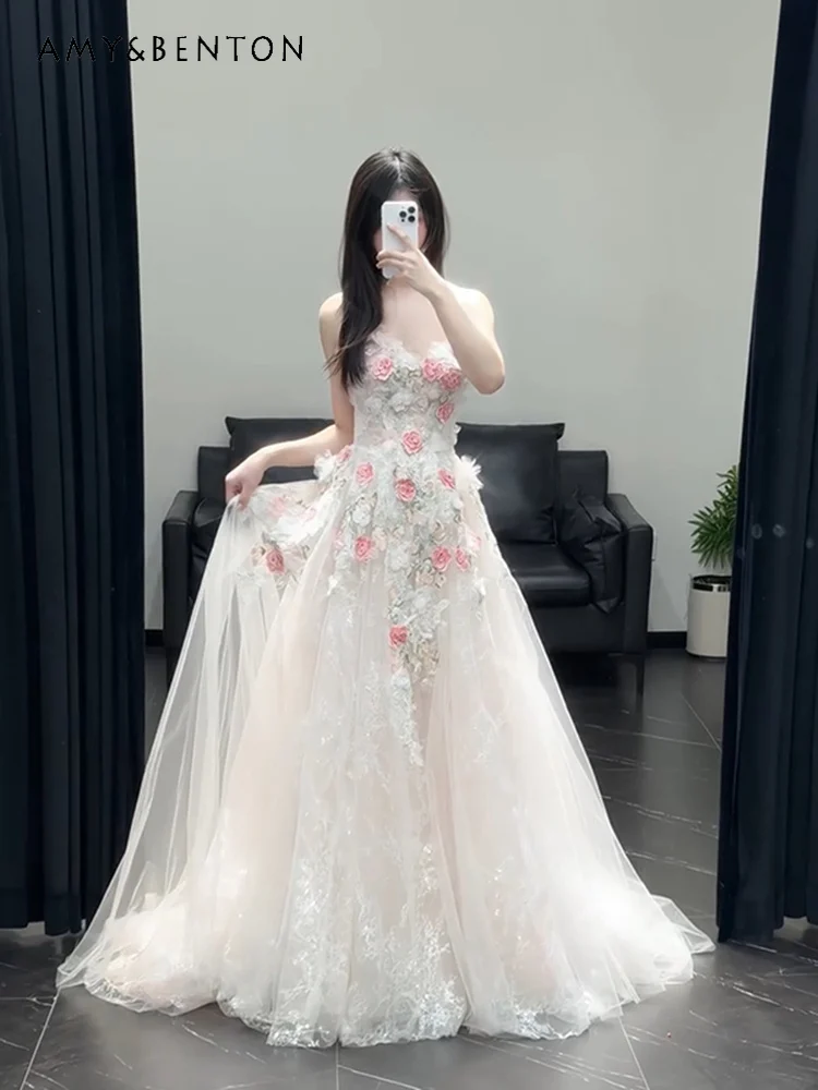 

2025 Summer New Floral Slim Fit Engagement Evening Dress for Women High-End Pink Host Graduation Banquet Coming-of-Age Dress