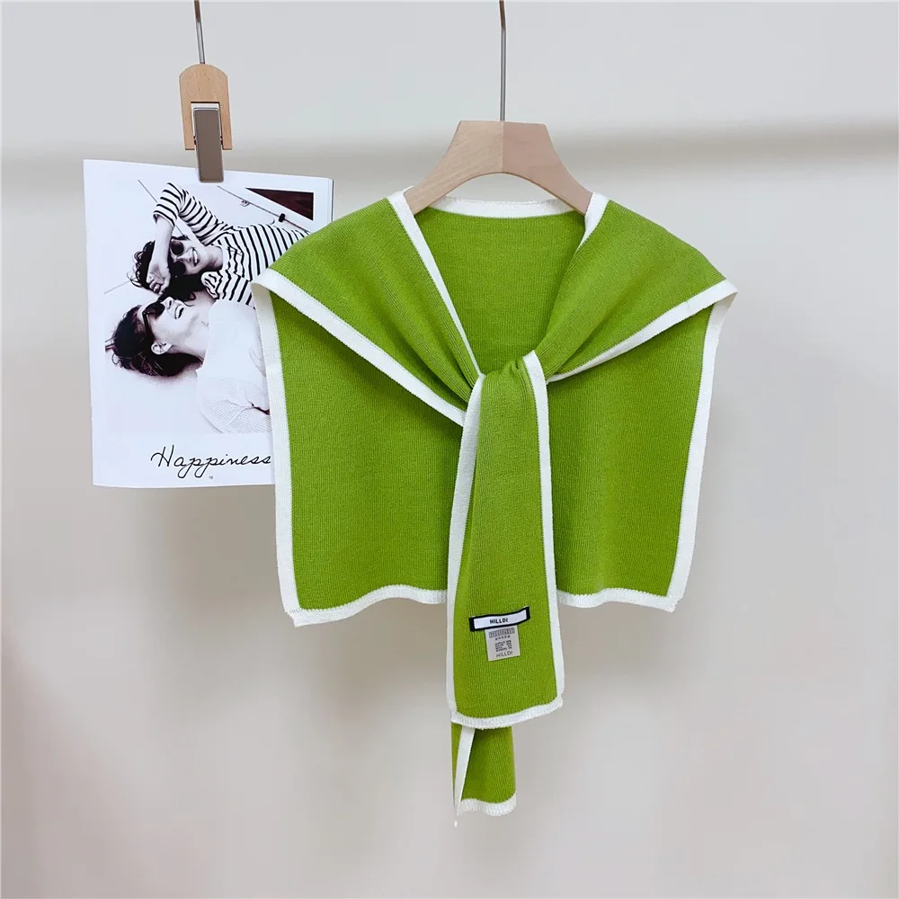 

Korean Candy Color Hollow Out Knitted Warm Shawl Winter Female Blouse Shoulders Fake Collar Cape Knotted Scarf Stripe Outerwear