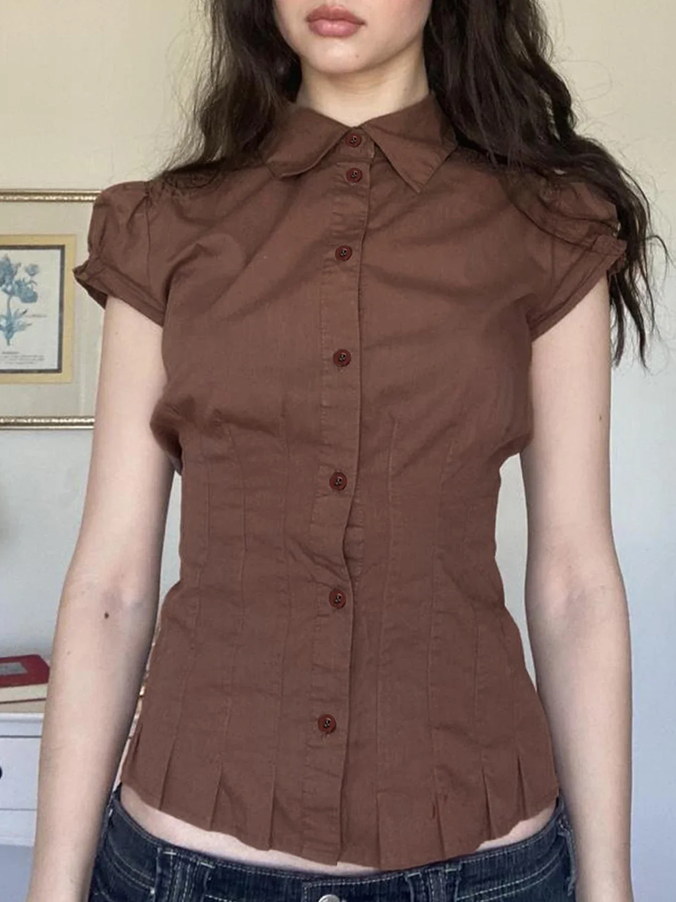 

Button Fold Solid Shirring T-shirt Casual Streetwear Vintage Chic Short Sleeved Summer Tees Brown 90s Slim Blouses