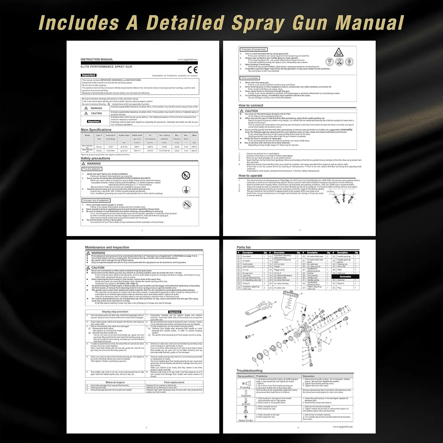 Elite Performance PRO-88 Series HVLP Spray Gun Ultimate Kit with 3 Fluid Tip Sets 1.3, 1.4 and 1.8mm and Air Pressure Regulator