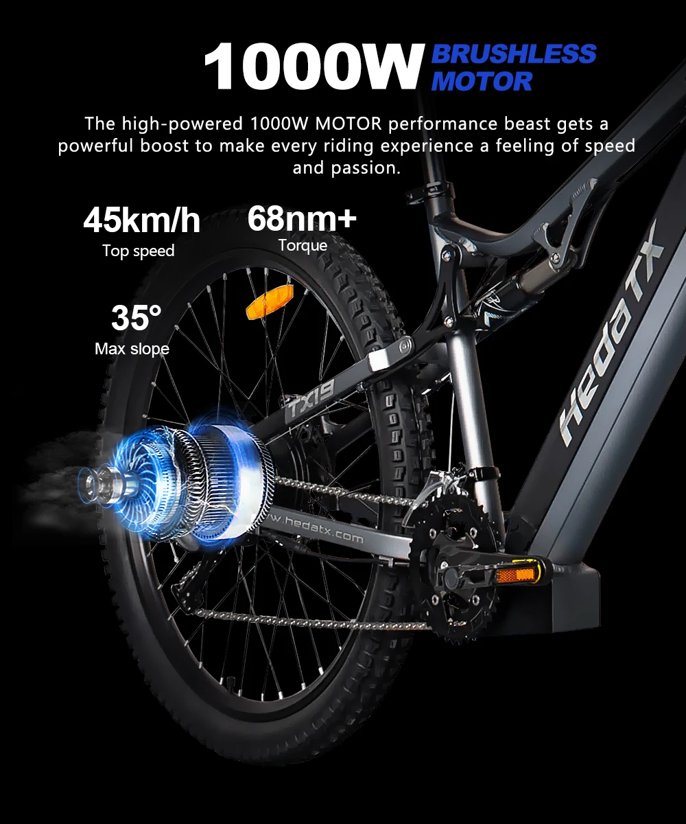 Bicicleta Eléctrica TX19 con Motor de 1000W, Batería de 48V 19.2AH, Frenos Hidráulicos Dobles, Alcance Máximo de 35-50KM, Neumáticos de 29”, 27 Velocidades, Bicicleta Eléctrica de Montaña
