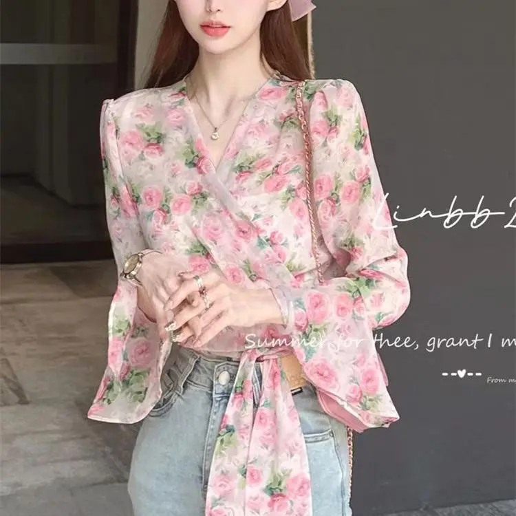 Modische Gedruckt Bogen Unregelmäßige Bandage Blumen Hemd Weibliche Kleidung 2025, Sommer Neue Casual Tops Flare Hülse Bluse
