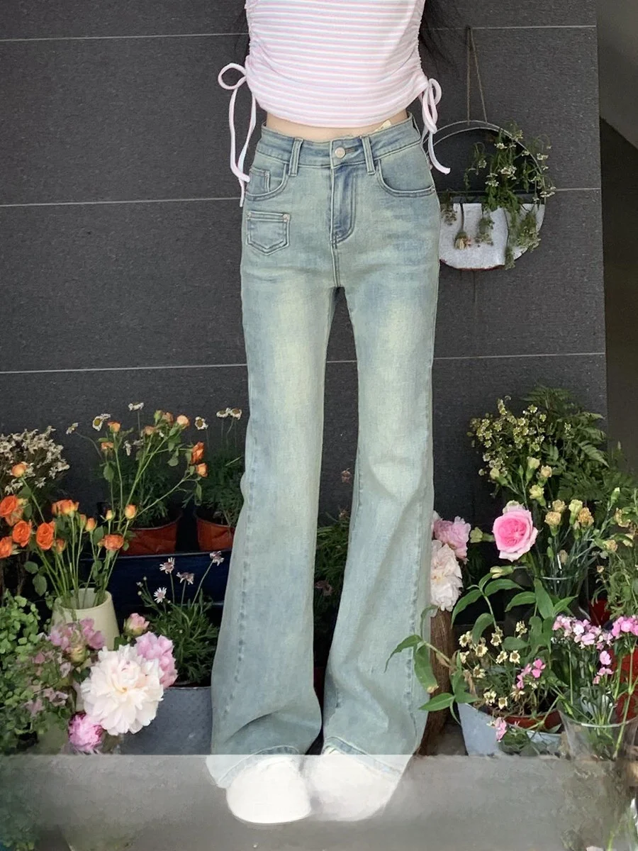 

Light Blue Vintage Elastic Soft Denim Bell Bottom Pants Women's Spring Autumn Slimming Micro Flared Jeans Cotton Stretch Denim