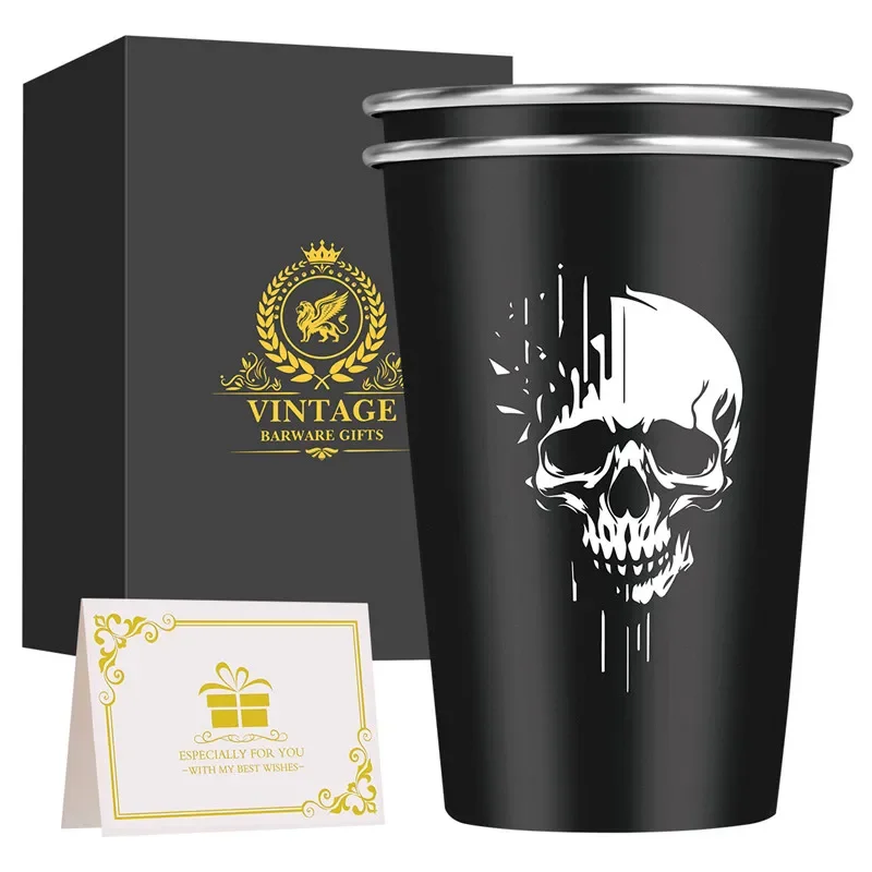 2Pcs/set Skull Head Stainless Steel Beer Cup Metal Kitchen Bar Large Drinking Mug Tumbler Events Wedding Gift Set Bar Accessory