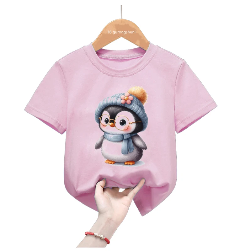 

Cute Penguins Love Balloons Printed Pink T Shirt Girls/Boys Funny Kids Clothes Harajuku Kawaii Tshirt Summer Fashion T-Shirt