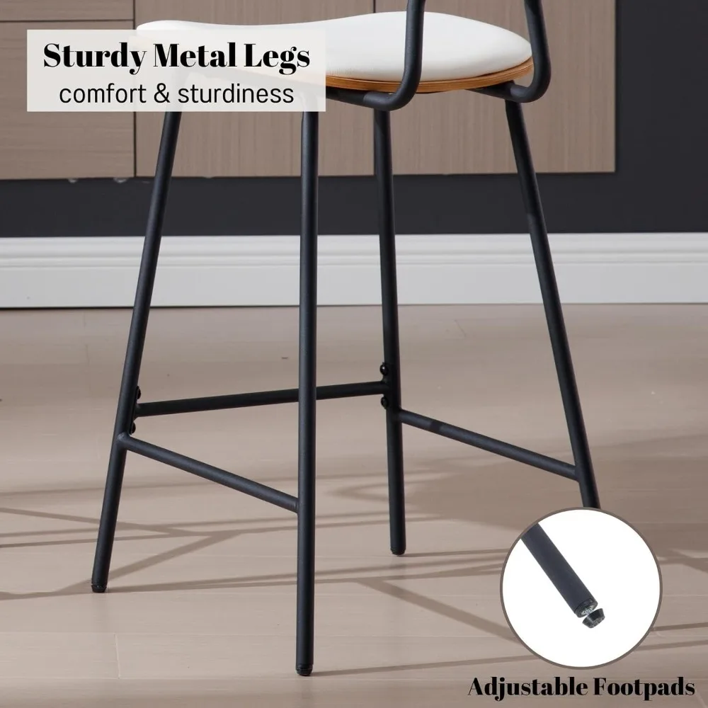 ชุดเก้าอี้บาร์ทันสมัย 2 ตัว, เก้าอี้บาร์สูง 26 นิ้ว พร้อมพนักพิงหวาย, เก้าอี้ครัวหุ้มหนัง PU พร้อมโครงโลหะสีดำ