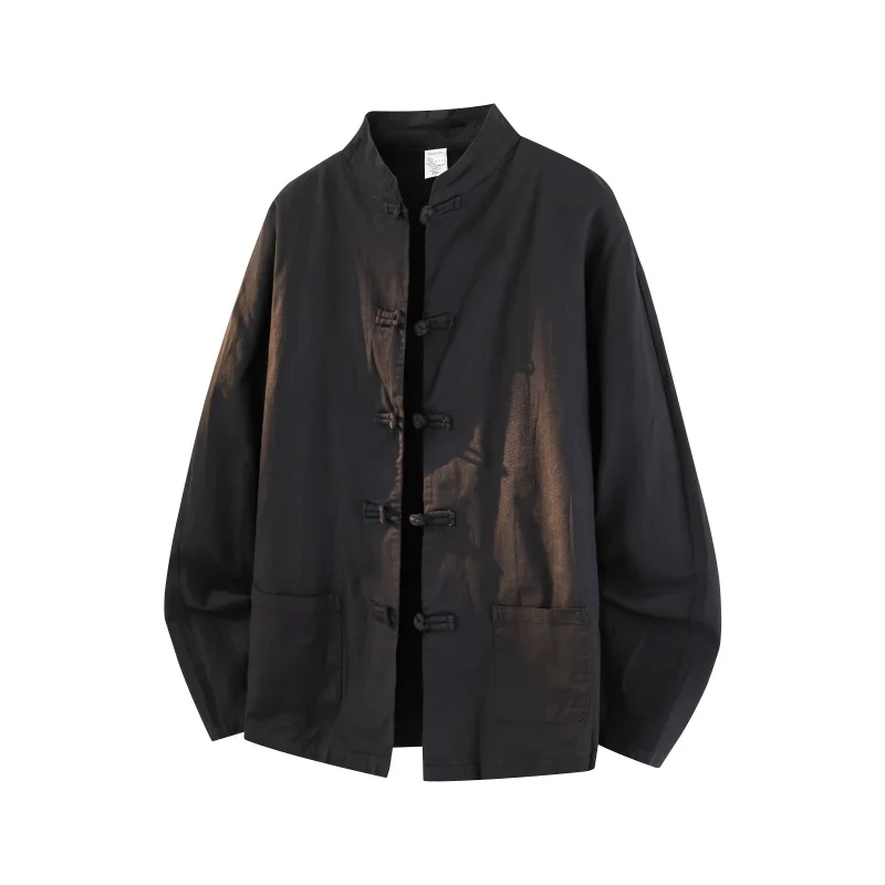 

Loose Casual Long Sve irt Men's Pure Color Stand Collar Button up Chinese Sle Cotton Spring Autumn Faion Youth ular