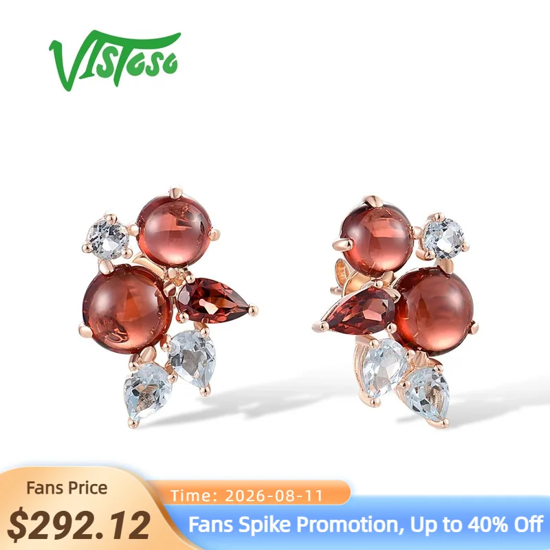 VISTOSO Real 14K 585 Rose Gold Stud Earrings For Women Sparkling Genuine Garnet Blue Topaz Bubbles Fashion Fine Lovely Jewelry