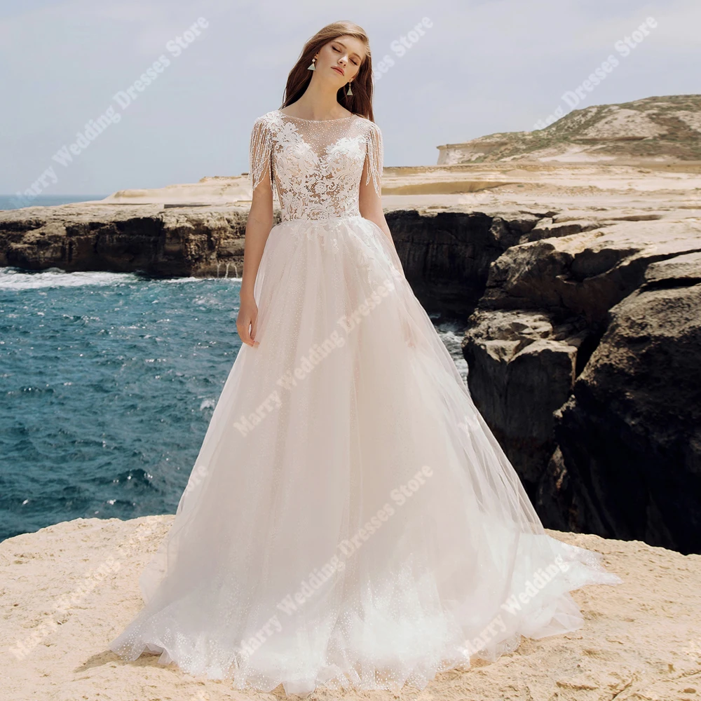 Round -Neck A-Line Women Wedding Dresses Vintage Lace Applique Bridal Gowns Elegant Sexy Sleeveless Robes De Mariee Customized