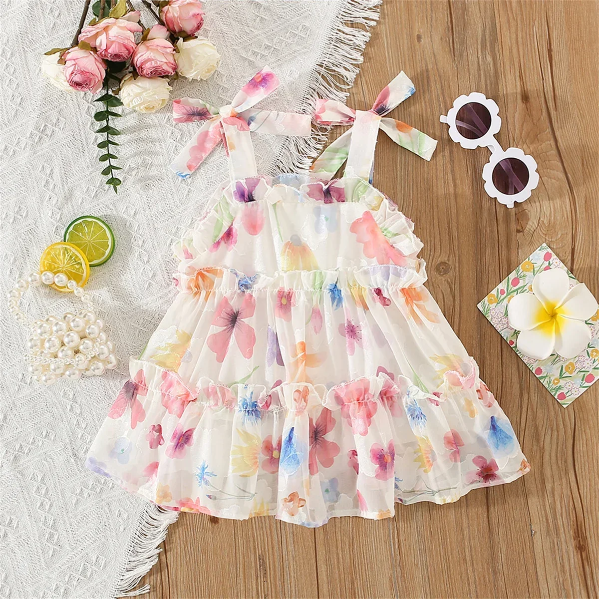 Summer Girls' Bow Tie Shoulder Strap Flower Holiday Style Beach Chiffon Loose Sweetheart Sleeveless Dress