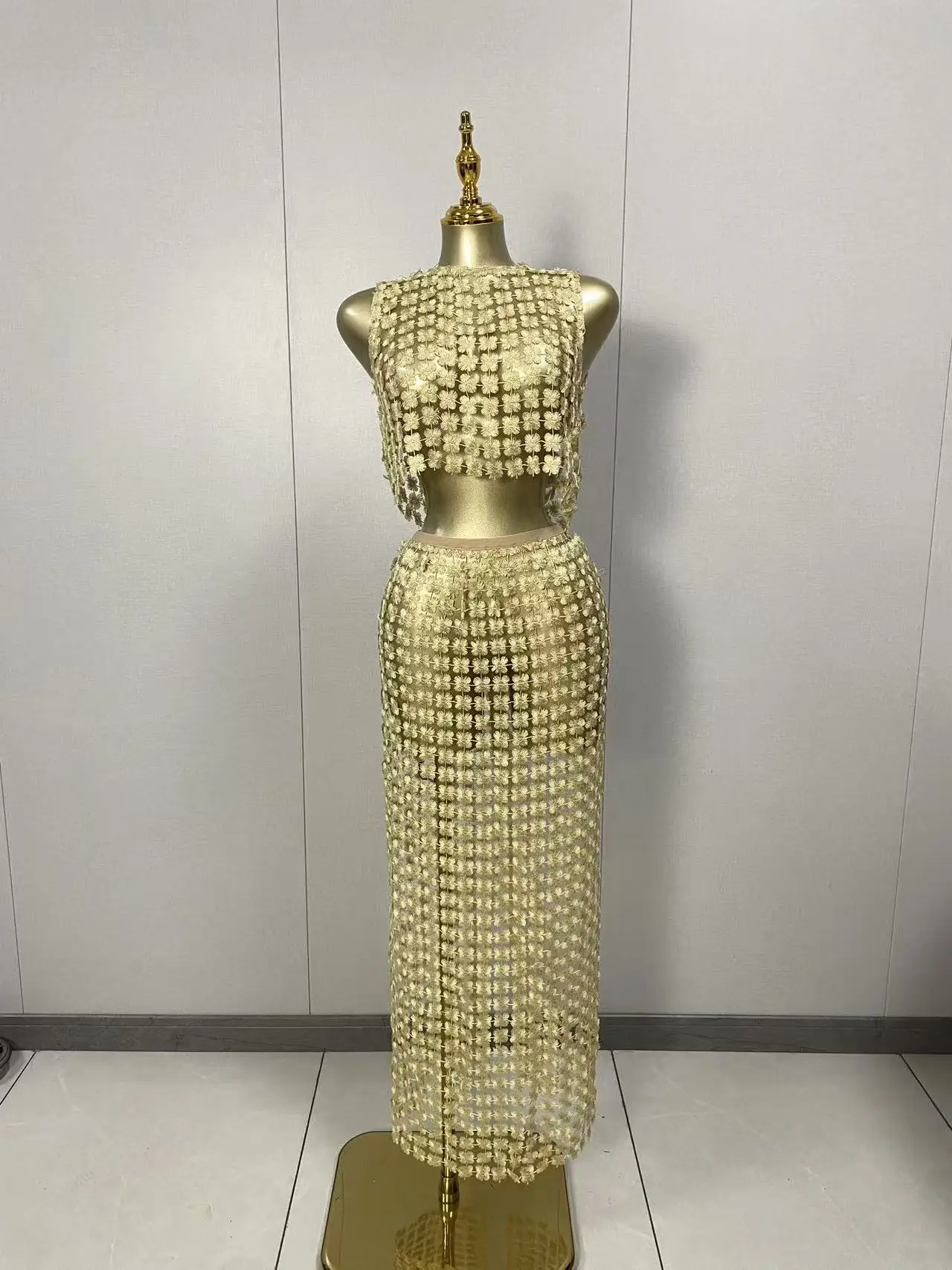 

Новинка 202, женские сексуальные сетчатые прозрачные абрикосовые юбки без рукавов, комплект из двух предметов, элегантный вечерний клубный наряд для вечеринок