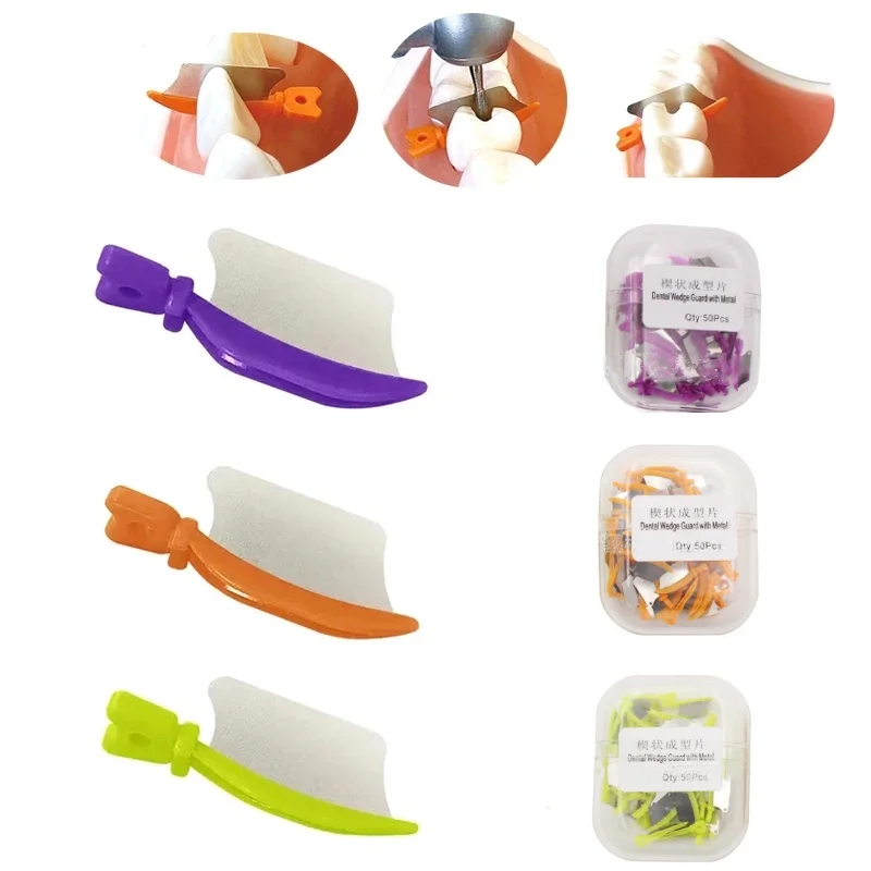 50Pcs Dental Teeth Interproximal Protection Matrix Plastic Wedges with Metal Sheet Protection Steel Matrix