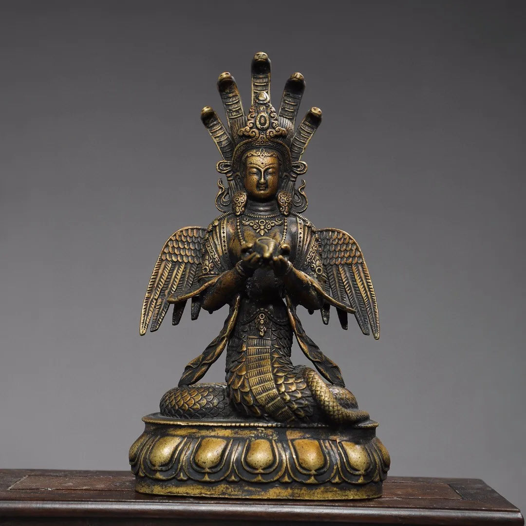 Tibetan bronze Buddha bronze dragon tree Guanyin bodhisattva snake head Buddha ornaments home Buddhist supplies collection 25cm