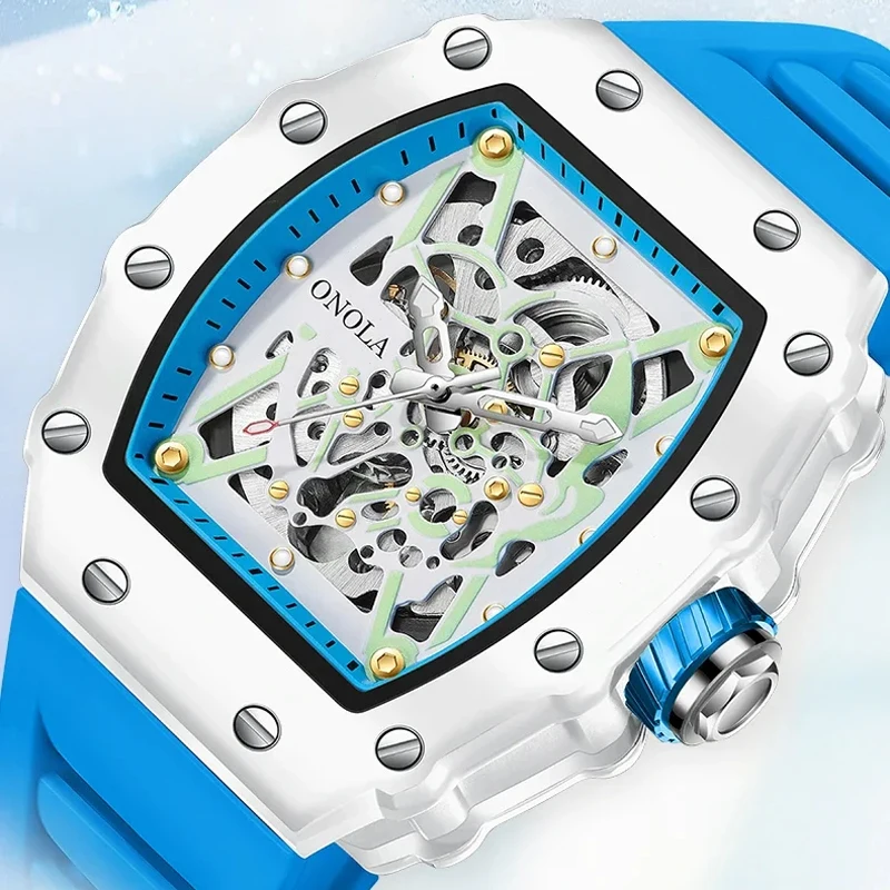 ساعات حركة أوتوماتيكية جديدة راقية للرجال موضة رياضية مضيئة مقاوم للماء ساعات آلية مجوفة ساعة هيكل عظمي للرجال #4