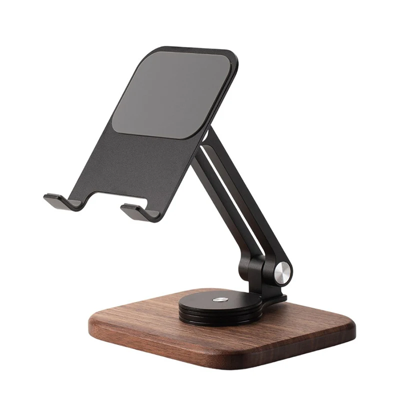 360 Rotation Walnut Wood Phone Stand Solid Wooden Universal iPhone Holder For Desk Foldable Desktop Accessories Aluminum Alloy