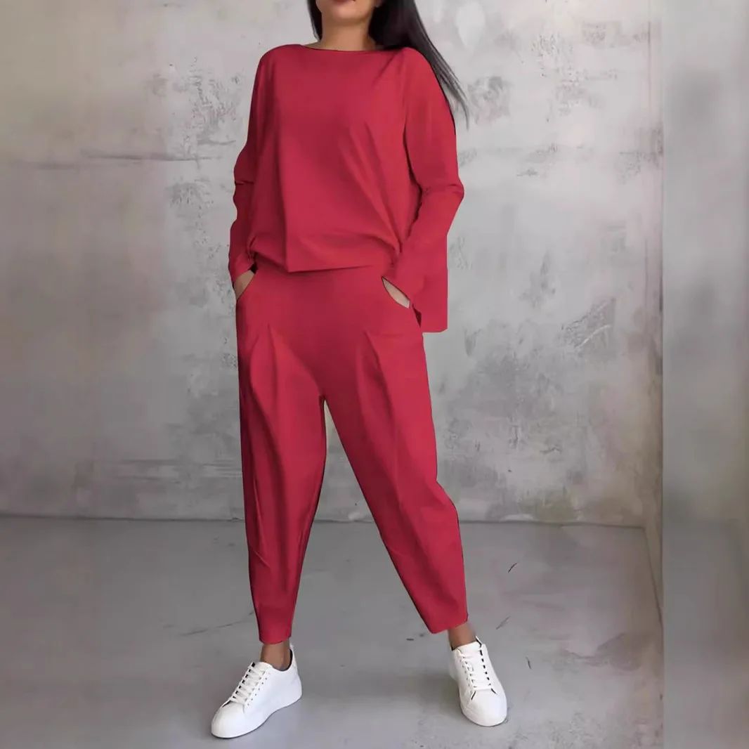 2025 New Women's Clothing Independent Station Solid Color Casual Small Feet Round Neck Long Sleeve Two Pieces Cw38892