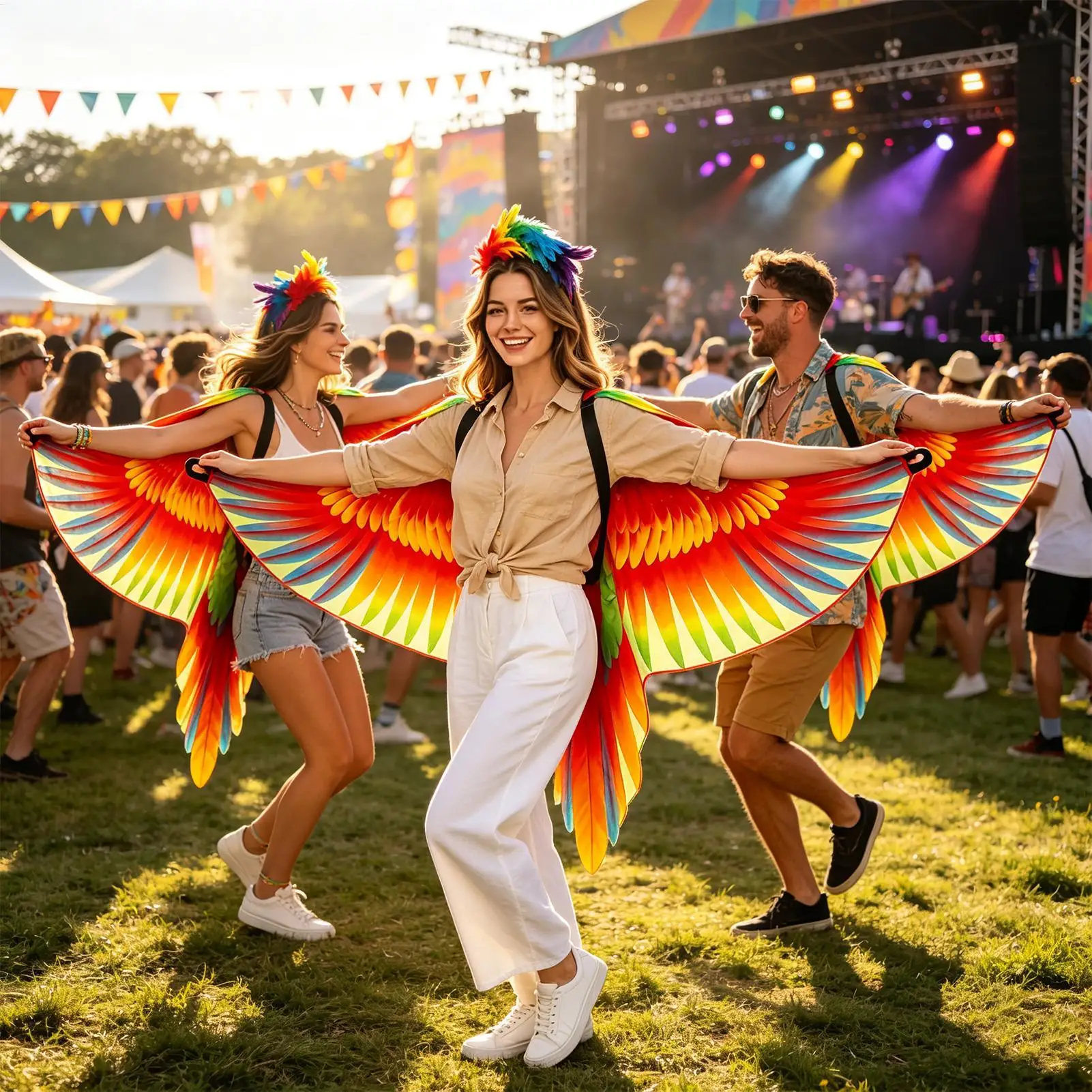 Colorful Parrot Costume W/Headpiece & Bird Wings Double-Sided Cosplay Dress-Up Clothes For Carnival Theme Parties Kids Halloween