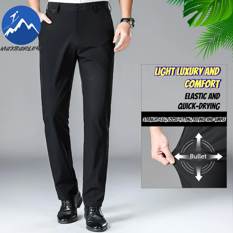 

COMXZ 2026 Новые мужские брюки: легкие, роскошные, комфортные, тонкие, из ледяного шелка, прямые, широкие штанины, летние, повседневные, черные, офисные, костюмные брюки