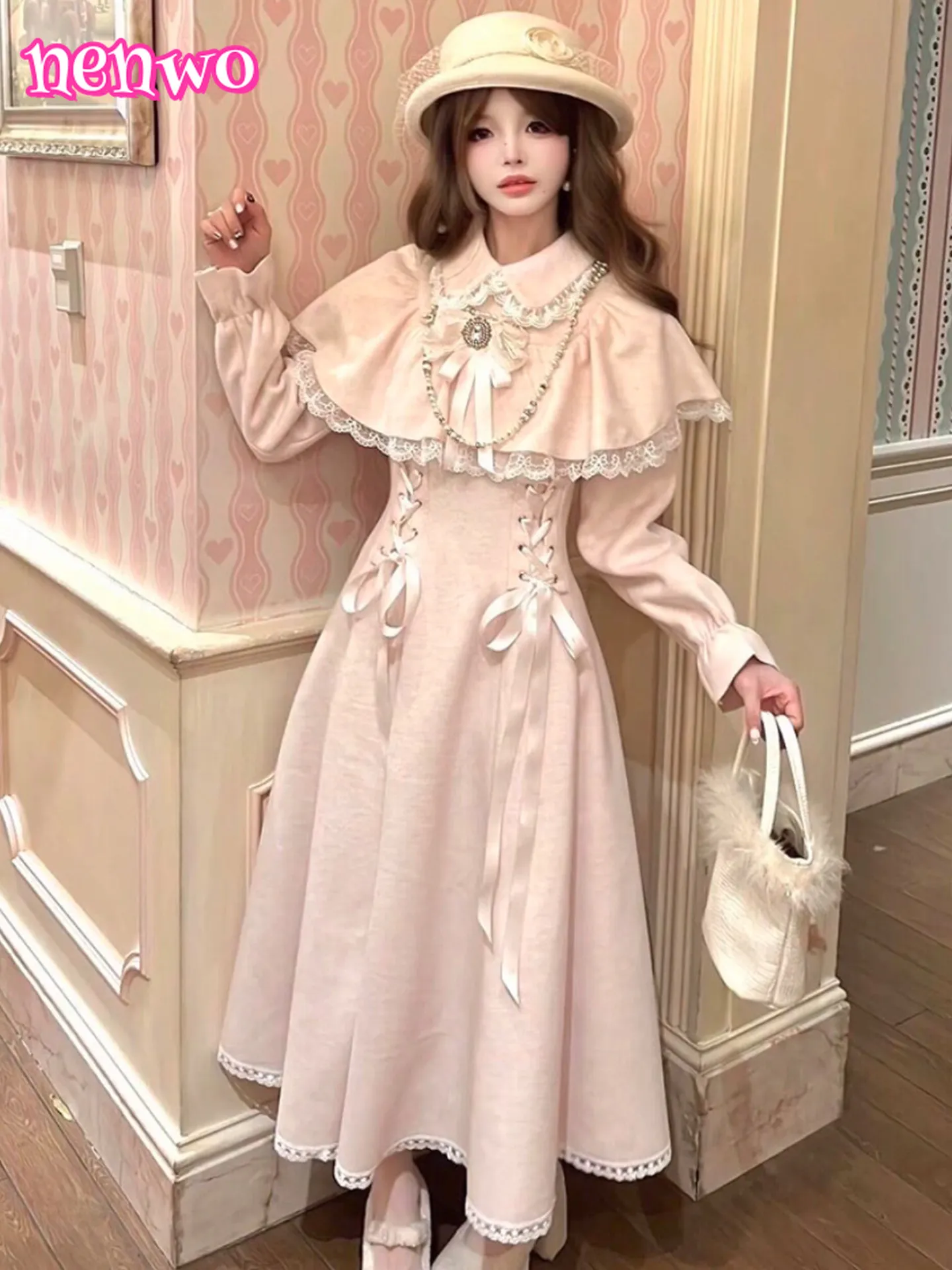 

Элегантное японское милое розовое платье в стиле Лолиты, женское кавайное платье с бантом и кружевом, рюшами, лоскутное тонкое длинное платье Y2k, праздничное платье принцессы