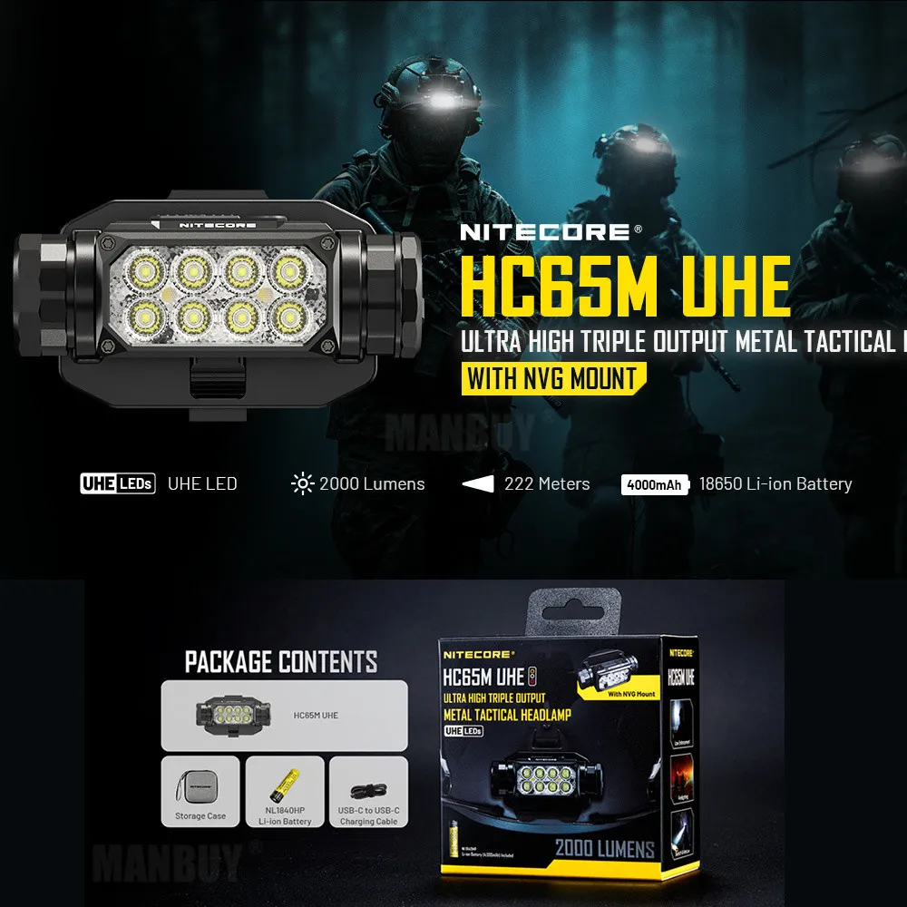 Genuine NITECORE HC65M UHE 2000 Lumens 8x LEDs Ultra Hight Triple Output Metal Tactical Headlamp with NVG Mount +4000mAh Battery