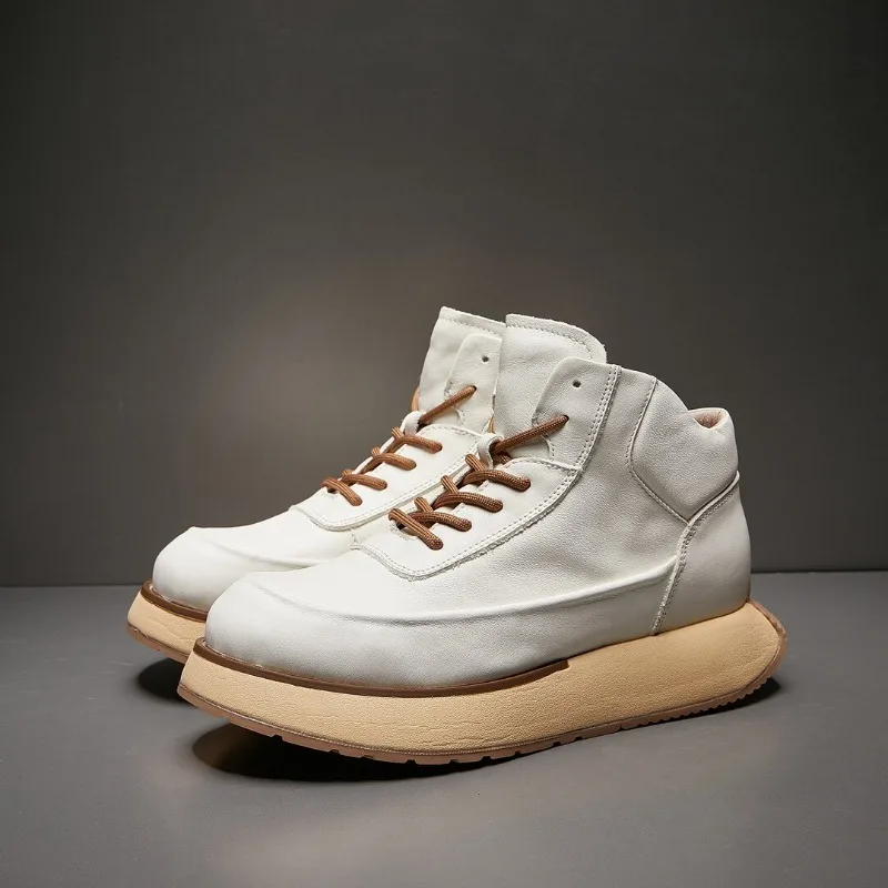 

European High Quality High Top Shoes Men's Genuine Leather Thick Soled Lace Up Work Hiking Sport Casual Shoes Male Oxfords