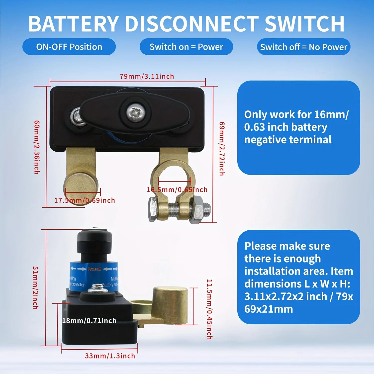 مفتاح فصل البطارية الرئيسي - مفتاح إيقاف التشغيل السلبي النحاسي، مفتاح إيقاف تشغيل/إيقاف الطاقة المتقدم 12-24 فولت #3