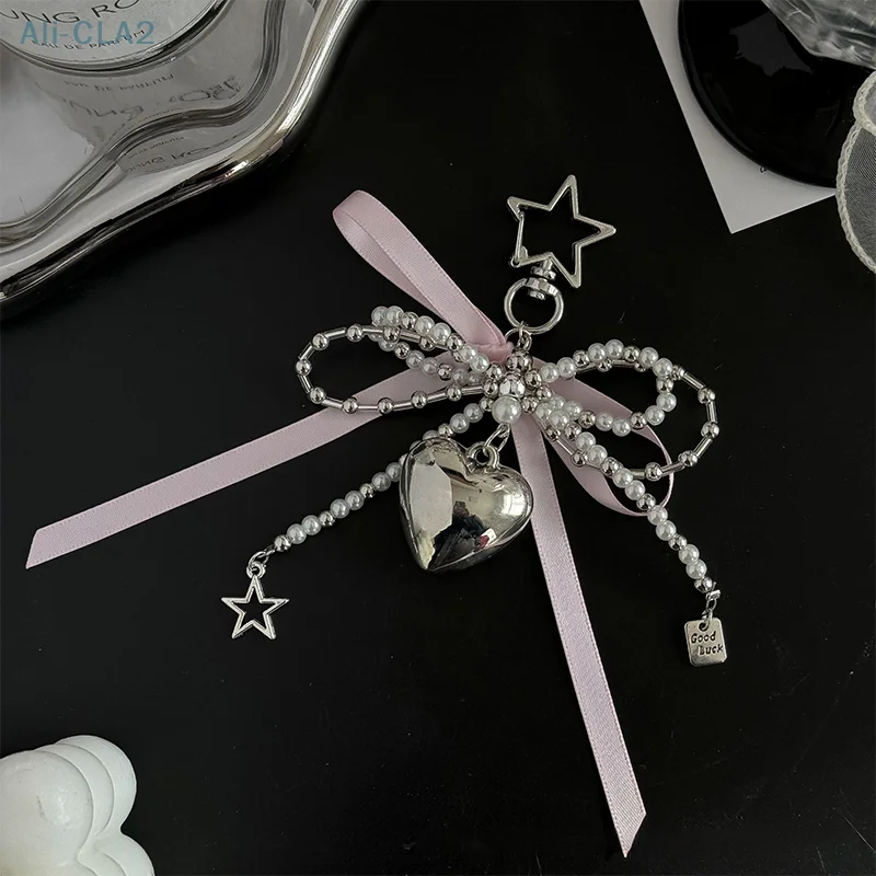 Ins Style Pearl Bowknot Key Chain Silver Heart Phone Pendant Headphone Case Charm Bag Decor Car Key Ring