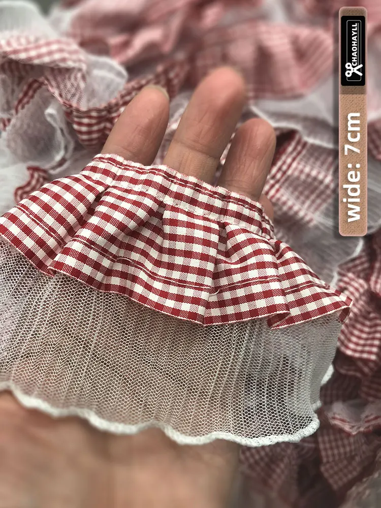 1 Yard 4/6.5/7CM Wide Red White Plaid Ruffle Tulle Embroidered Lace Fabric for DIY Fringed Trim Party Dress Sewing Accessories