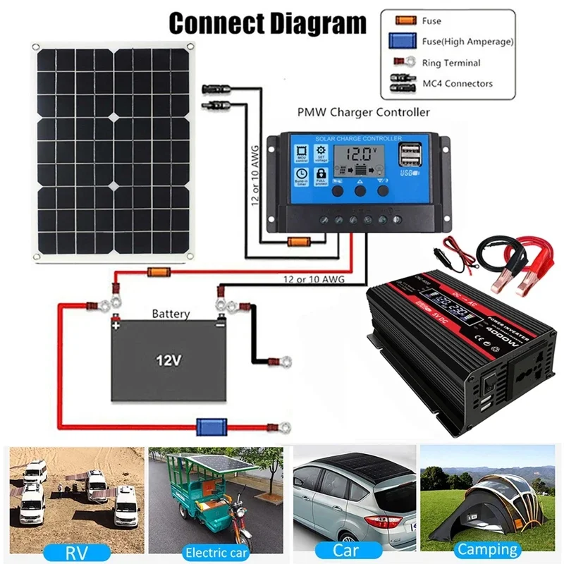 Solar Power Generation System 4000W 12V TO 220V 110V Power Inverter Smart LCD Display Car Voltage Converter+30A Solar Controller